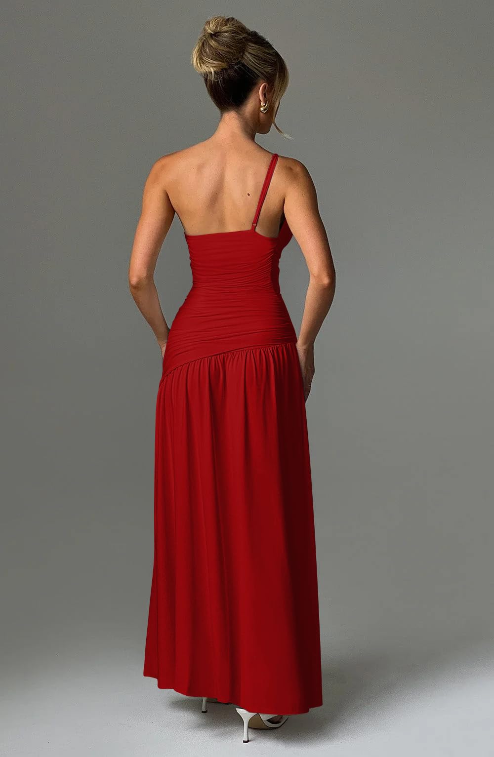 Red Women's Sexy One Shoulder High Split Ruched Cocktail Prom Formal Maxi Dress